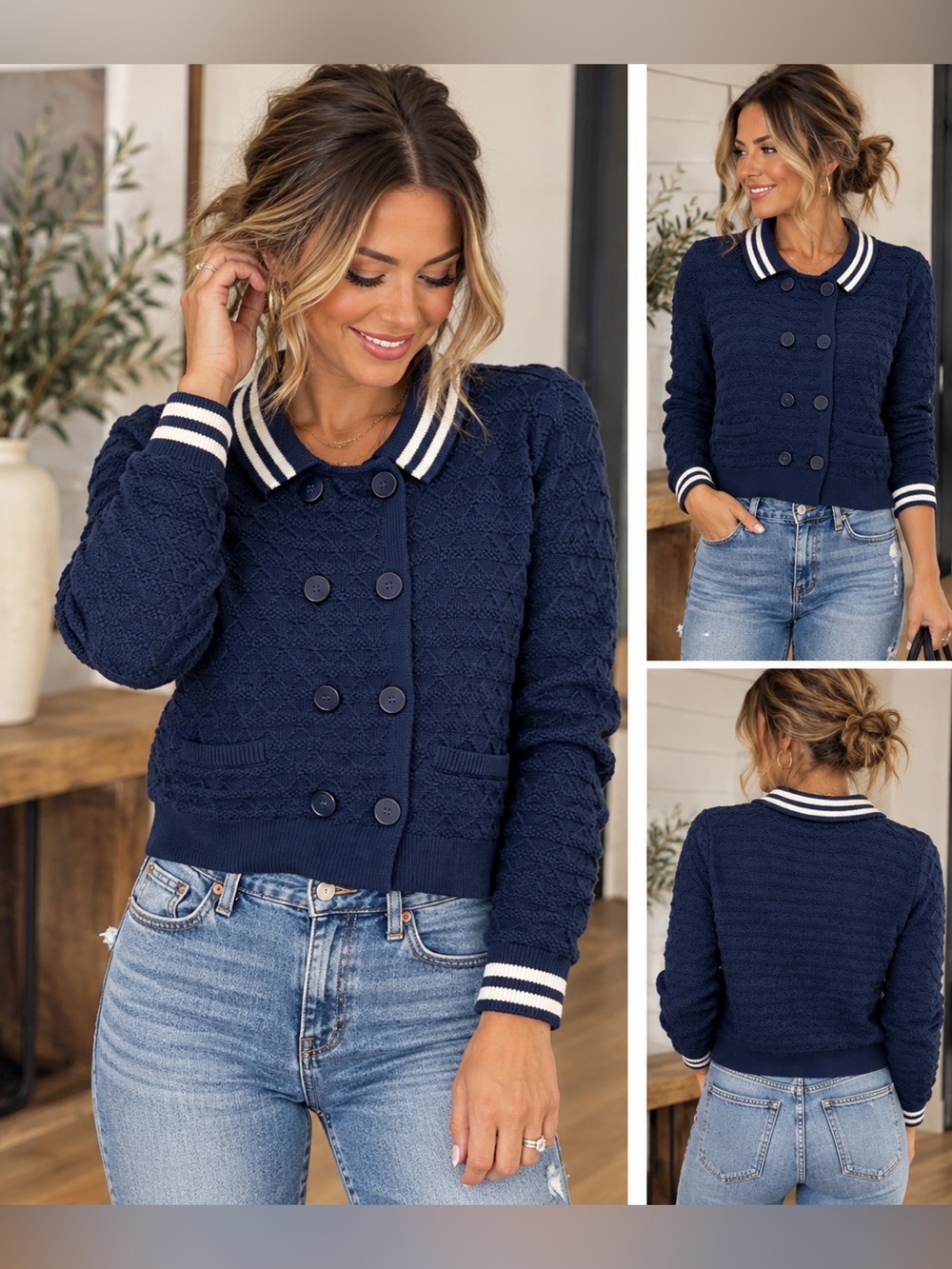 NWT 525 American Lena Double Breasted Sweater in Navy and White Size Medium
